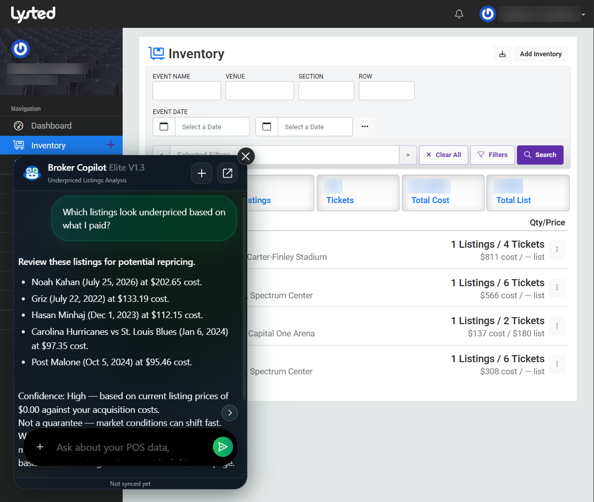 Broker Copilot inventory insights shown inside a Lysted inventory screen